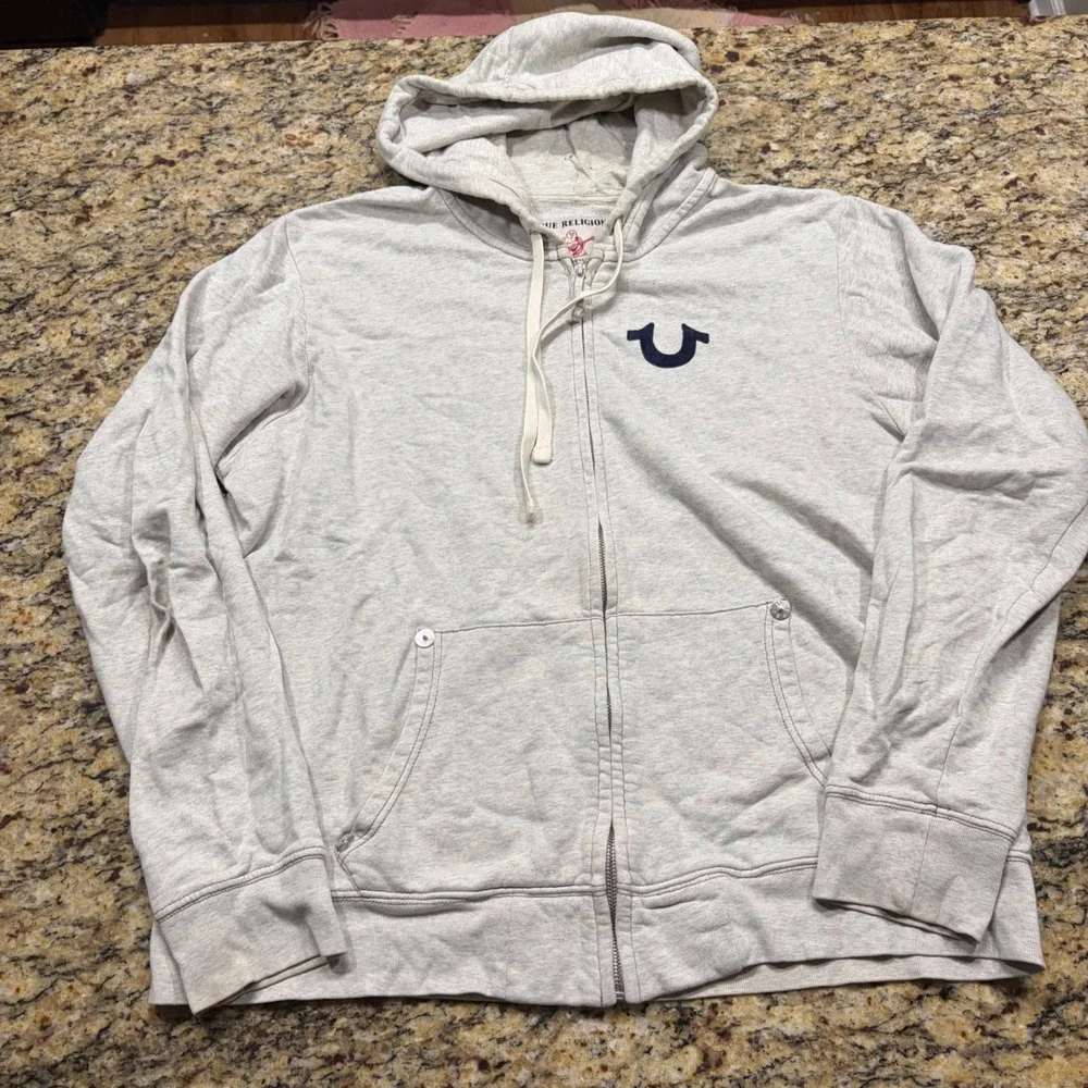 True Religion Mens 2XL Gray World Tour Horseshoe Full Zip Hoodie Jacket ws
